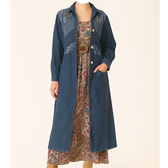 Vintage Styleworks Denim Duster Blue Embroidered Lace Long Jacket Sz 12 Boho - Picture 1 of 16